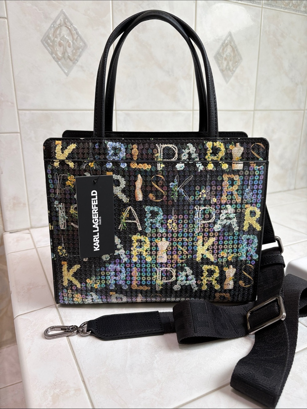 Karl Lagerfeld Black Sequin “Karl Paris” Logo Satchel with Multicolor Letters
